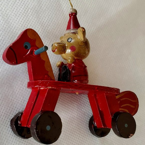 Vintage Wooden Bear Riding a Red Wooden Rolling Horse Toy Christmas Ornament - Picture 9 of 12